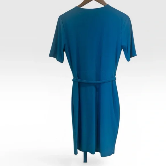 White House Black Market Blue Wrap Dress Size 10 Teal Knee Length Short Sleeve - Picture 2 of 4